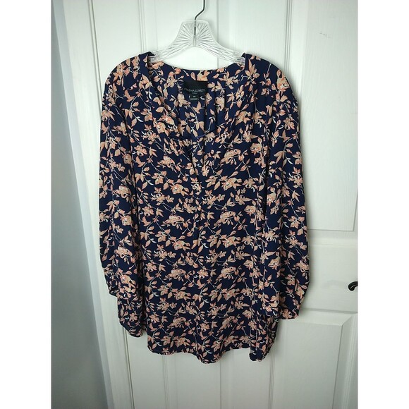 Cynthia Rowley Woman 3X Blouse V Neck Blue Coral Floral Semi Sheer Pullover 3/4 - Picture 1 of 11